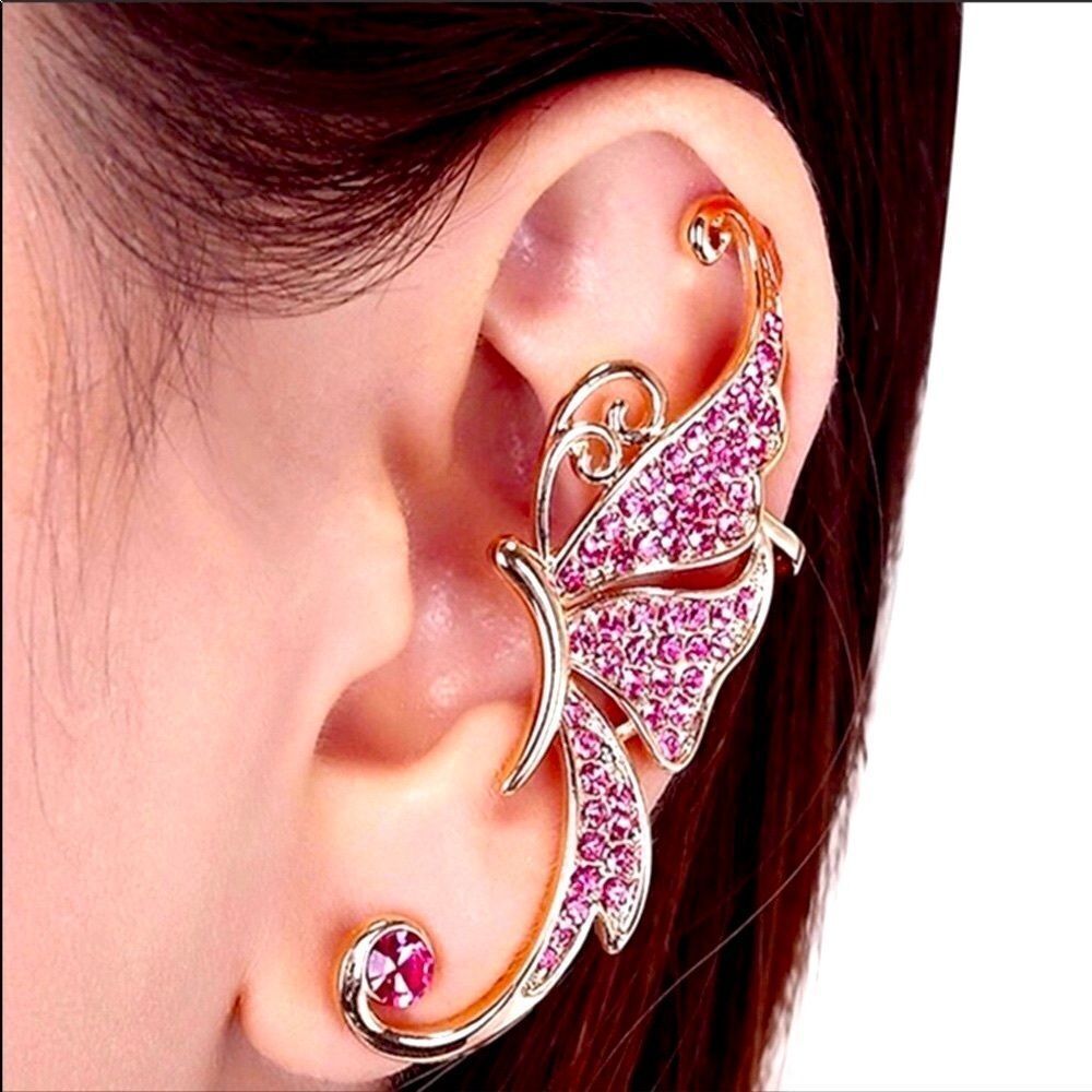 Gold Pink Crystal Butterfly Ear Cuff Wrap Earring